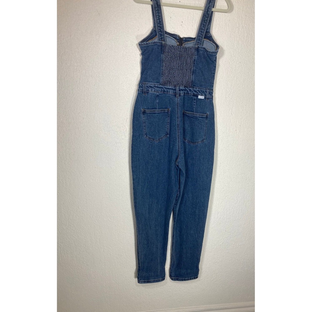 Almost Famous Womens Blue Denim Front Zip Smocked Back Jumpsuit Size L